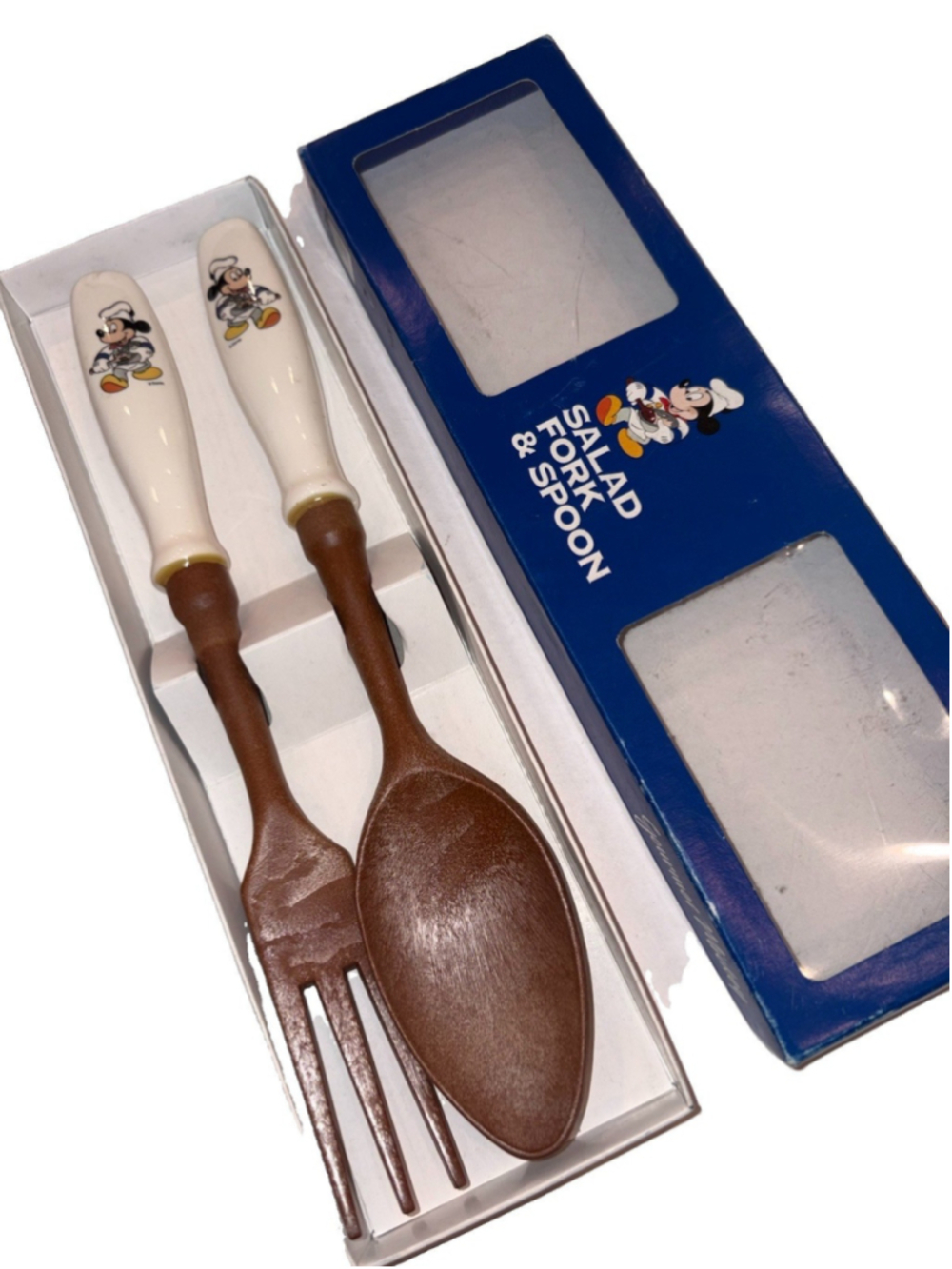 Vintage Disney Mickey Mouse 2pc Salad Serving Spoon & Fork Set, Ceramic Handle